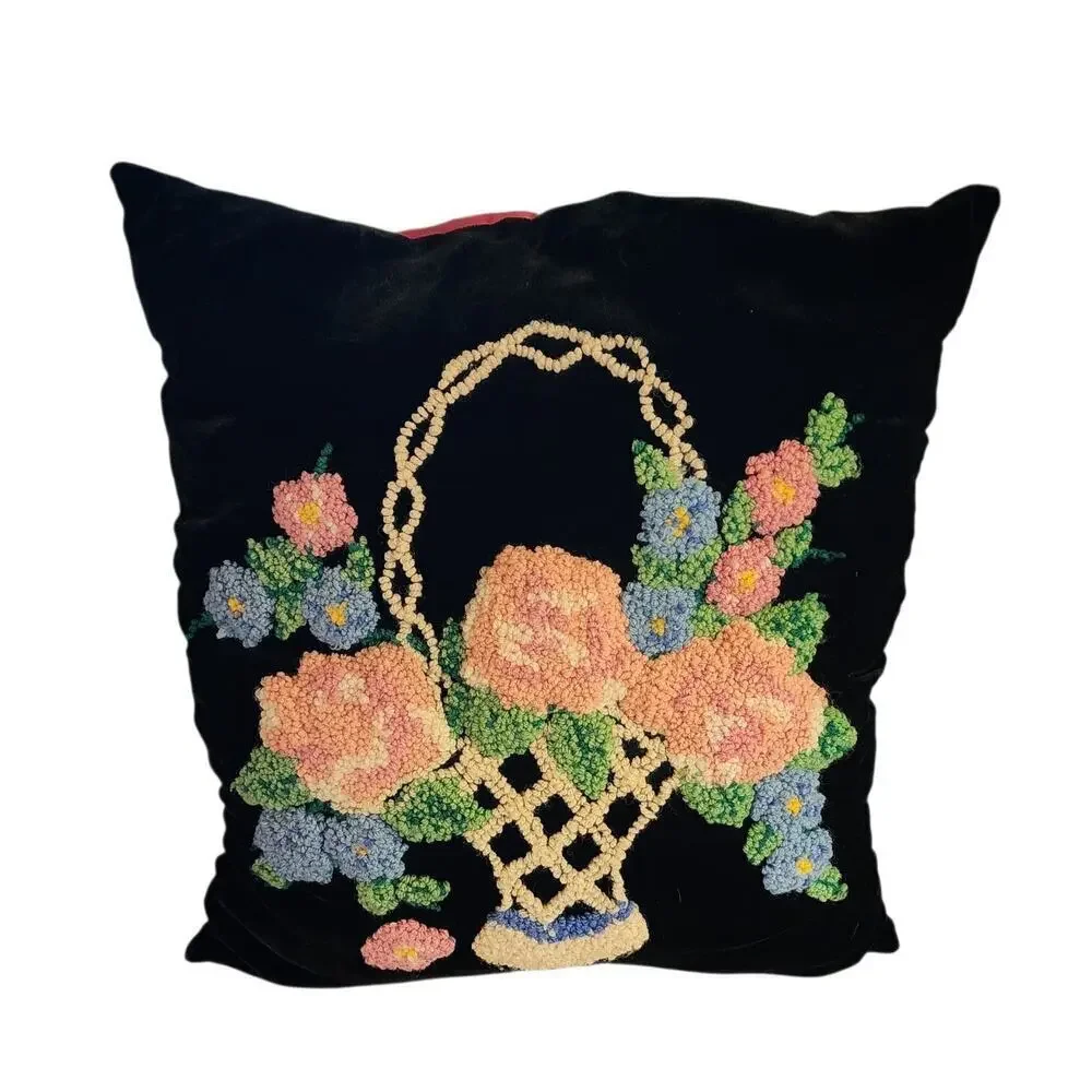 Vintage Amish Velvet Folk Art Basket of Pink Roses Hand Hooked Stumpwork Pillow
